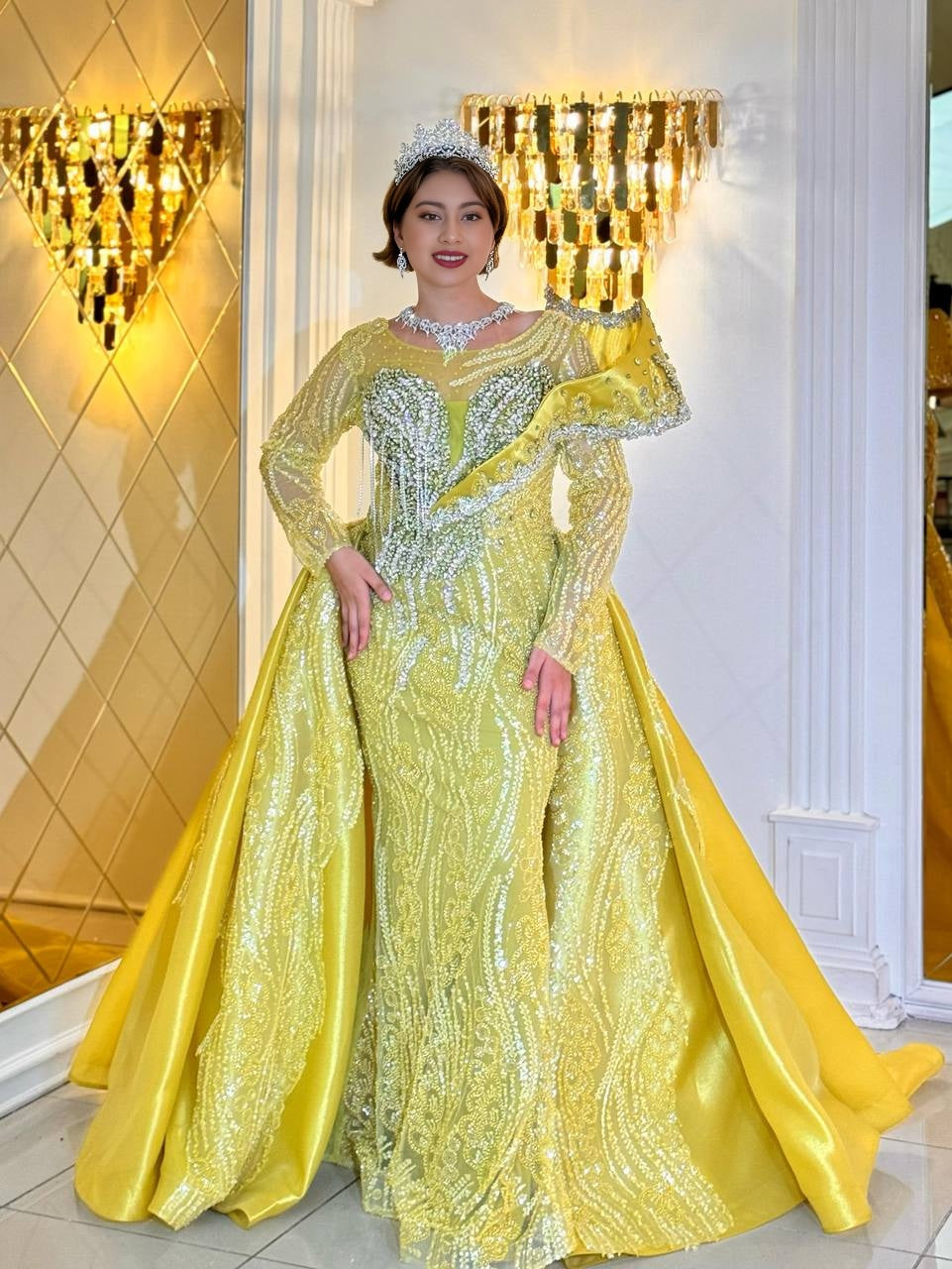Golden Radiance – The Royal Evening Dress with Removable Overskirt
