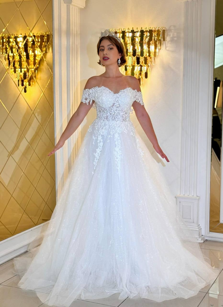 Glittering A-line wedding dress "Luminesse" with off-shoulder lace corset