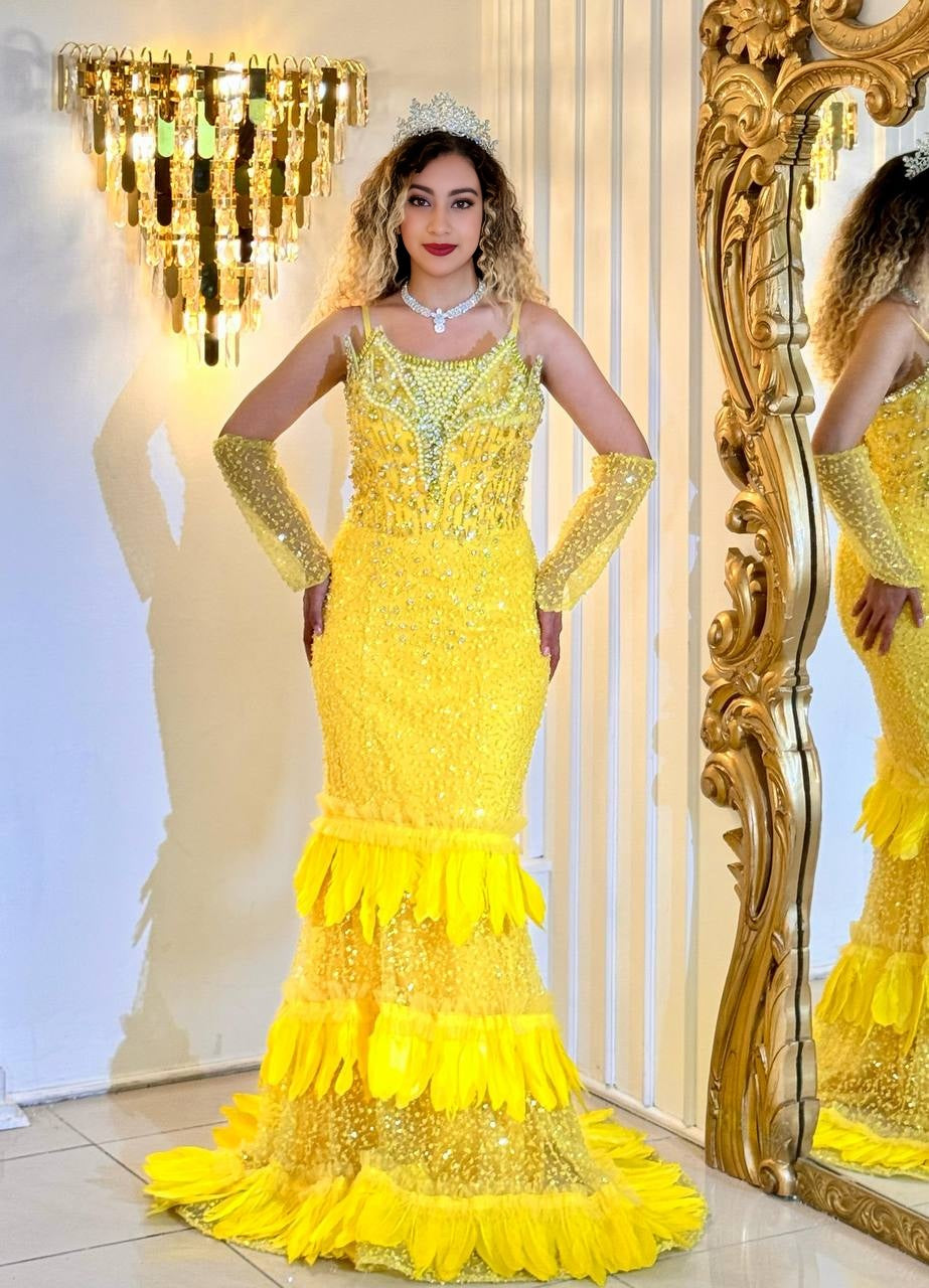 Golden Phoenix – The Glittering Mermaid Dress with Feather Skirt