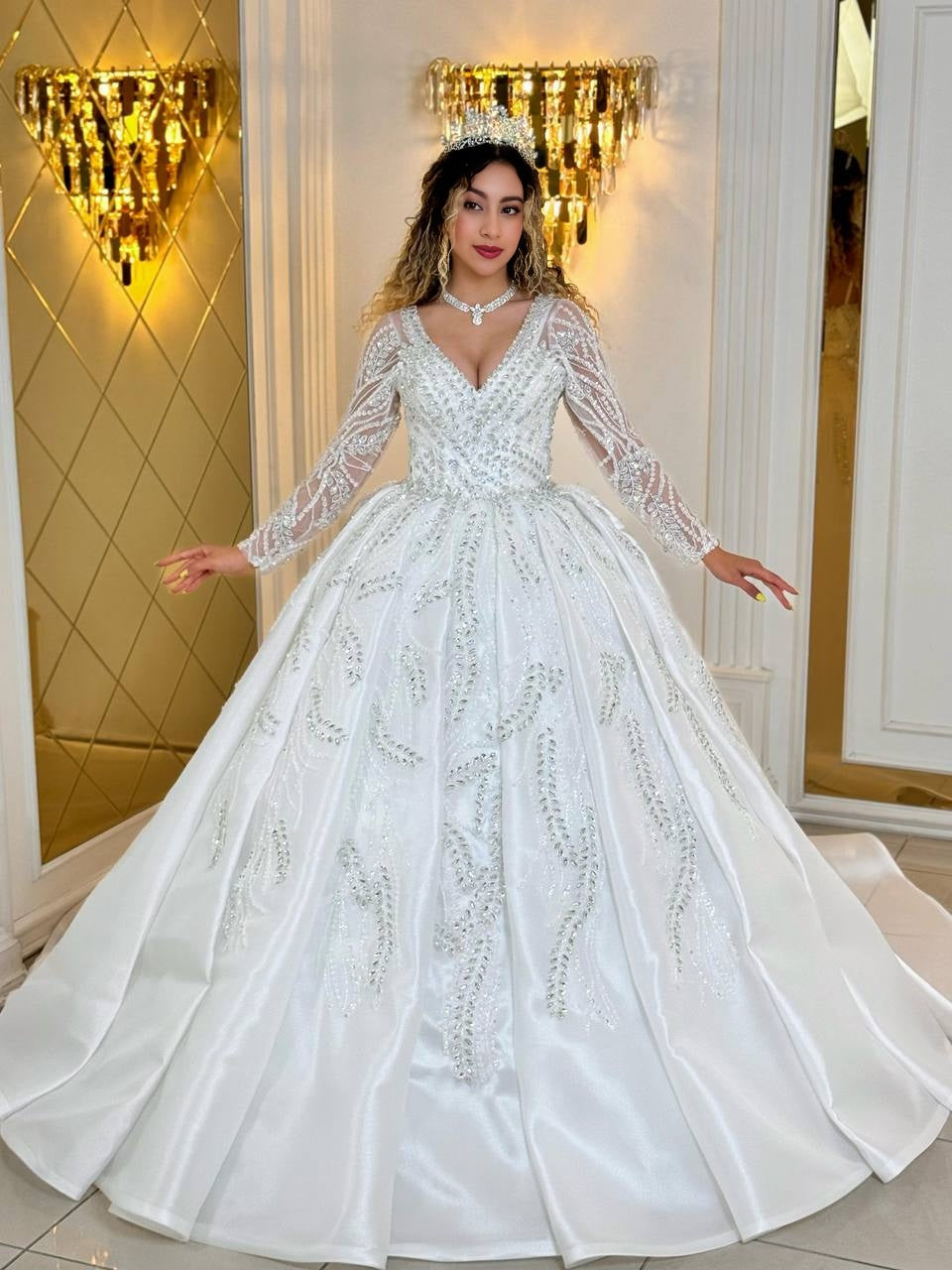 Celestial Grace – The Sparkling Princess Wedding Dress with V-Neck