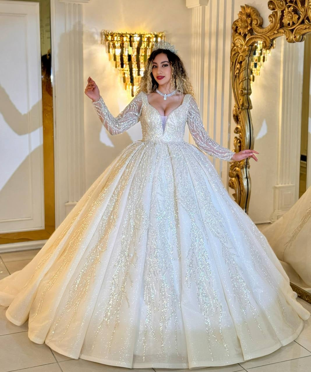 Celestial Radiance – The Sparkling Princess Wedding Dress with V-Neck