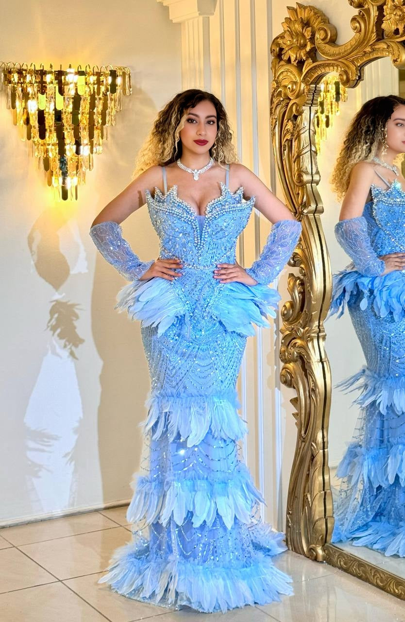 Ice Princess Gown – The sky blue feather mermaid dress