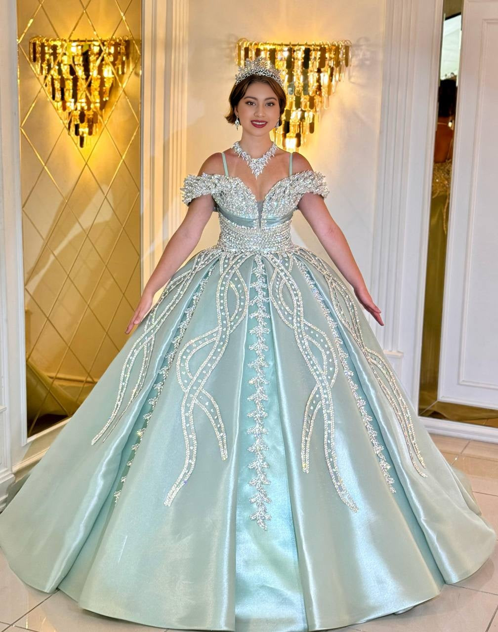 Fairytale ball gown "Cinderella Dream" – princess dress in mint green with off-shoulder corset and sparkling appliqués