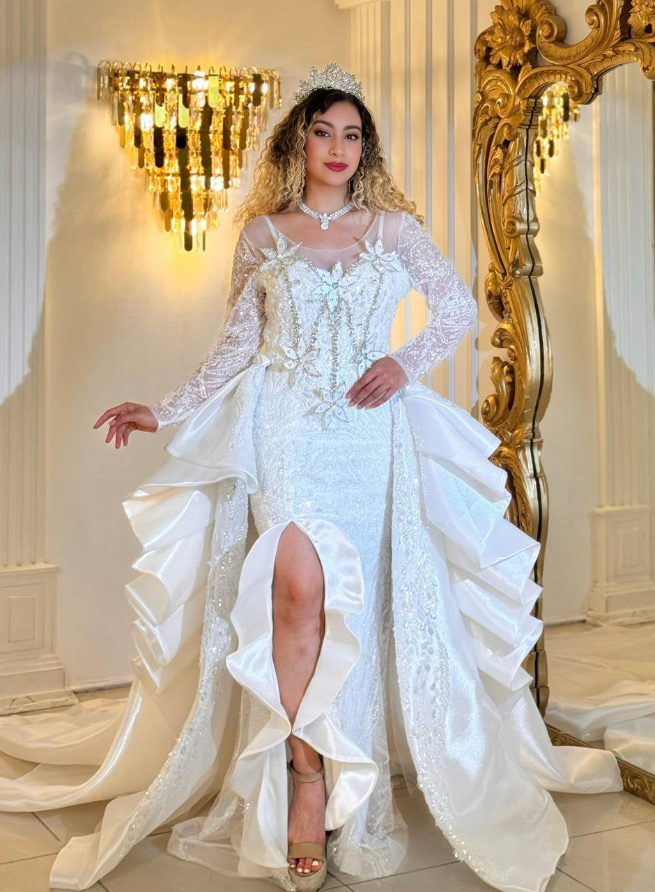 Majestic Blossom Gala Gown – Unique elegance with floral appliqués