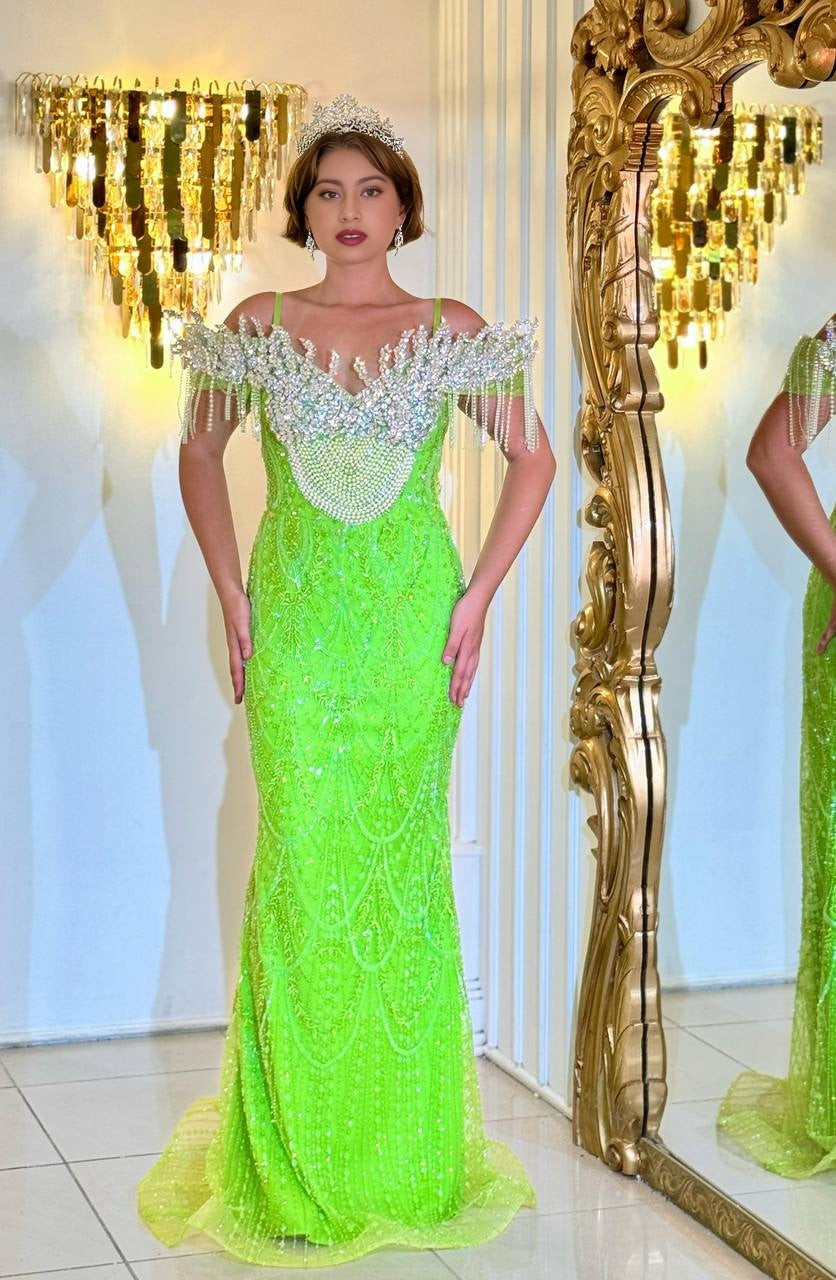 Glamorous evening dress "Diva Dream" – statement gown with elaborate shoulder appliqués and shimmering sequins