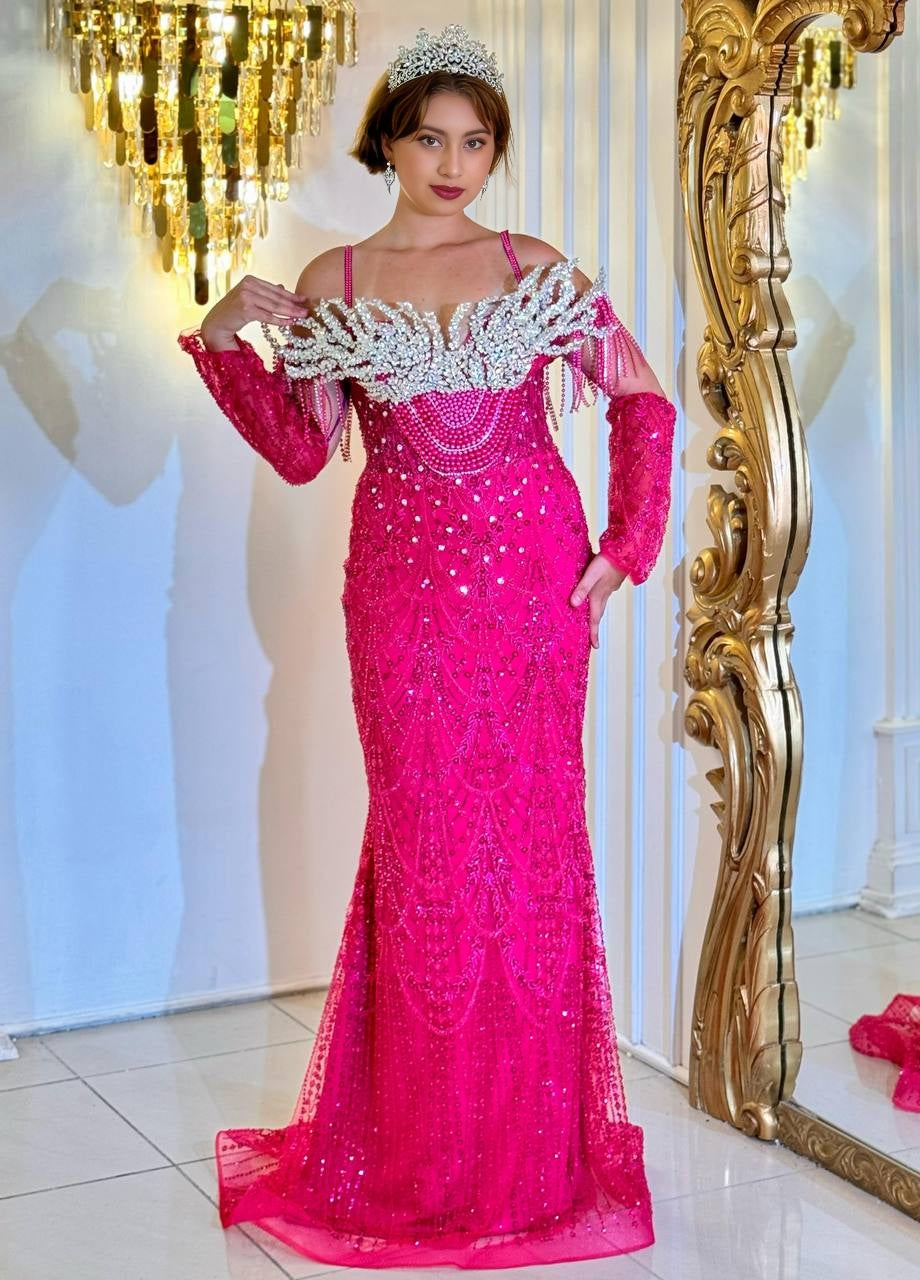 Glamorous evening dress "Diva Dream" – statement gown with elaborate shoulder appliqués and shimmering sequins